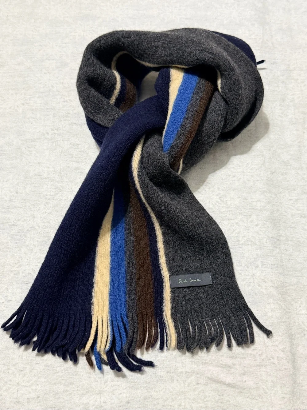 Paul Smith Men’s 100% Wool Striped Scarf Navy Gray Blue Brown Cream Fringe